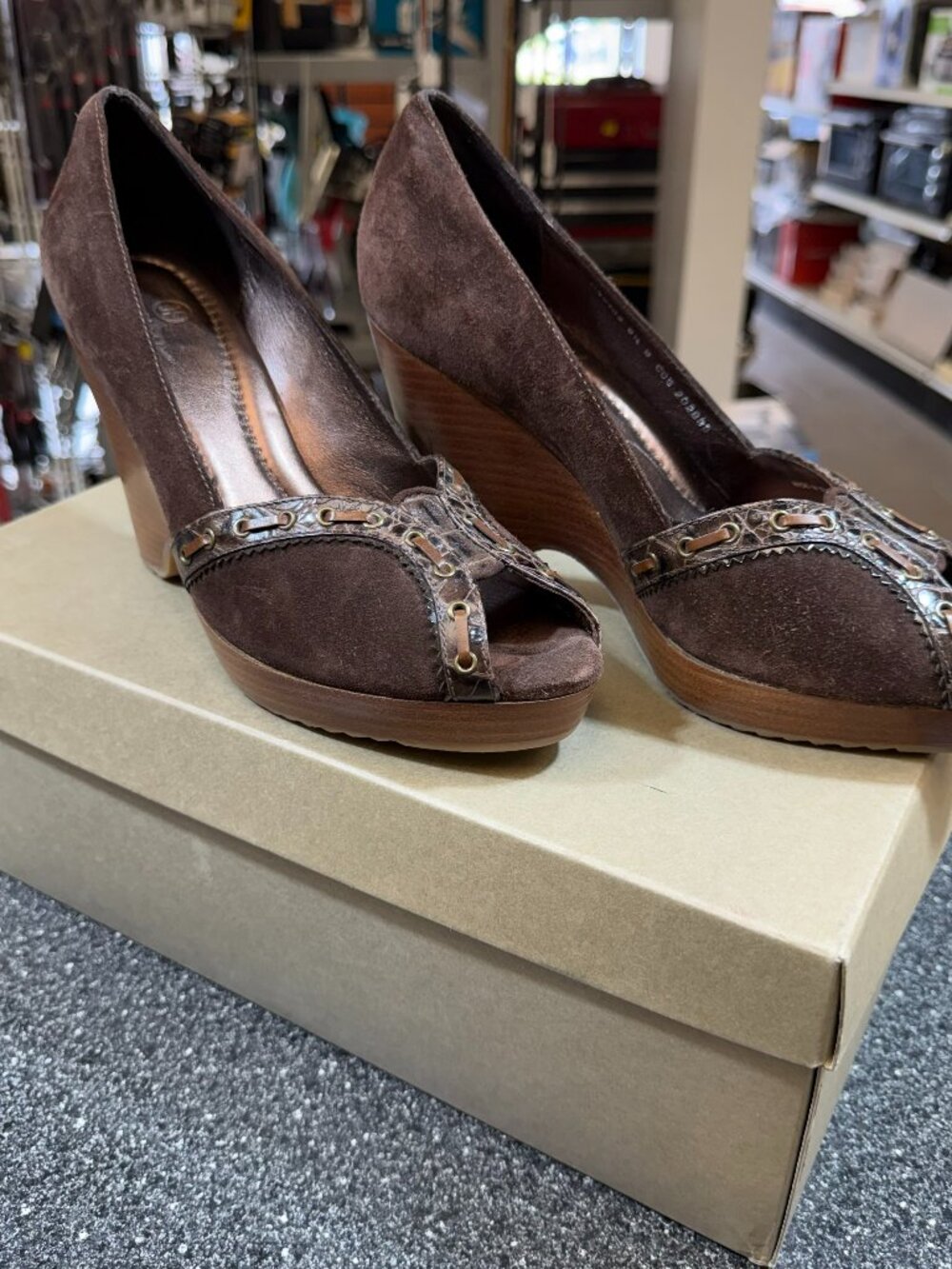 Cole Haan Janie Wedge, Dark Chocolate Suede, Size 8.5